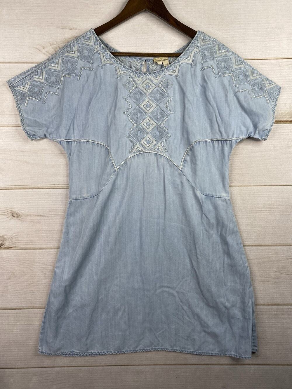 Holding Horses Anthropologie Womens Dress S Blue Denim Embroidered Chambray Boho